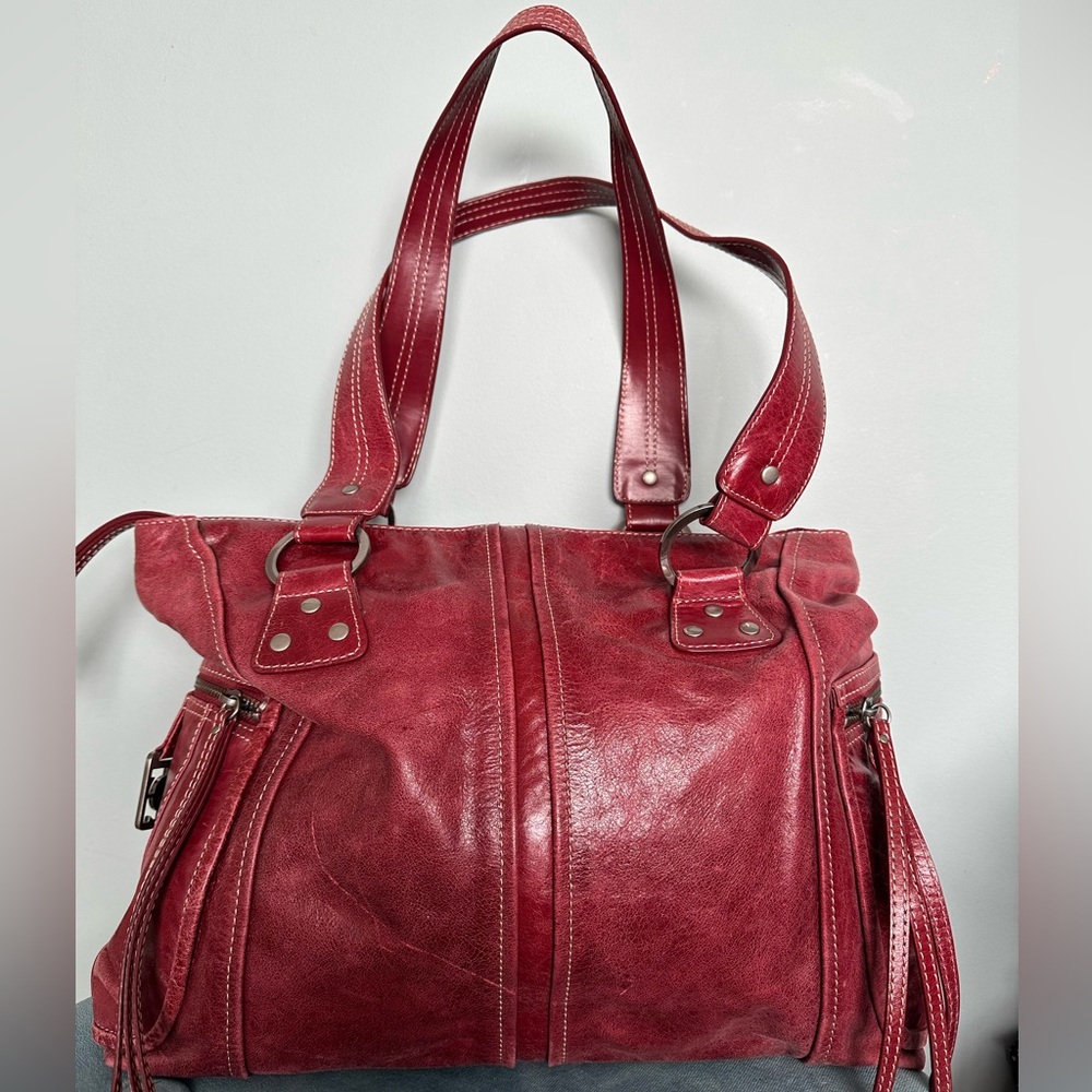 Kenneth Cole Distressed Red Leather Shoulder Tote Bag